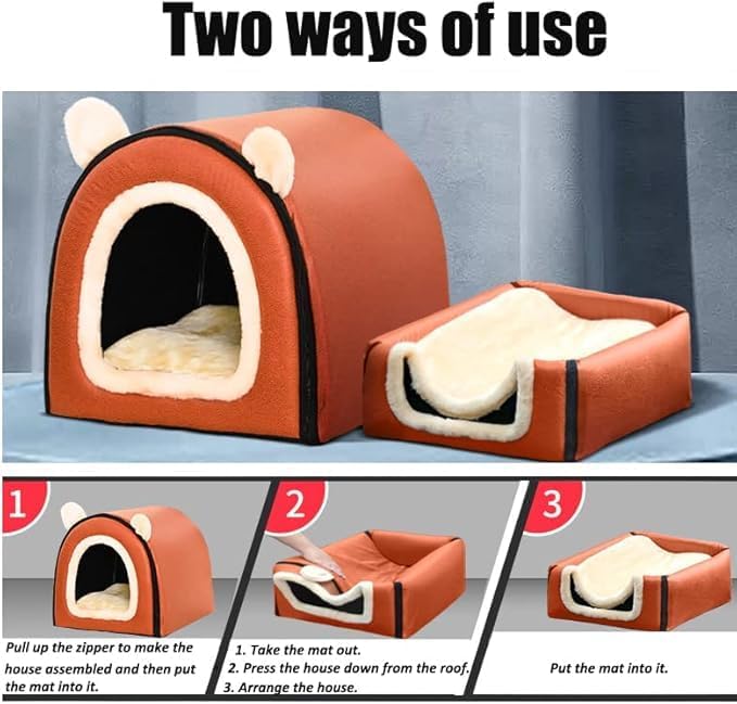 Dog Bed,2 Ways to Use,Indoor Pet House with Fluffy Mat,Removable and Washable Cover,Splash-Proof House and Non-Slip Bottom,for Large Dogs(2XL Orange & Gray)