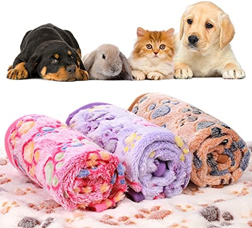 Tatuo 4 Pcs Dog Blanket Pet Puppy Blanket Puppy Teething Toys Paw Print Fleece Blanket for Pet Cat Soft Warm Sleep Mat Guinea Pig Cage Blanket(Small(24 x 16 Inch),White, Coffee, Pink, Purple)