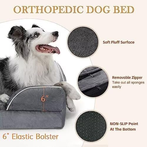 Cooling Dog Bed, Memory Foam Orthopedic Dog Bed for Giant Dogs, XXL Dog Bed for Extra Large Dogs, Waterproof Dog Bed with Bolster & Removable Cover(XX-Large,Leaden Grey)