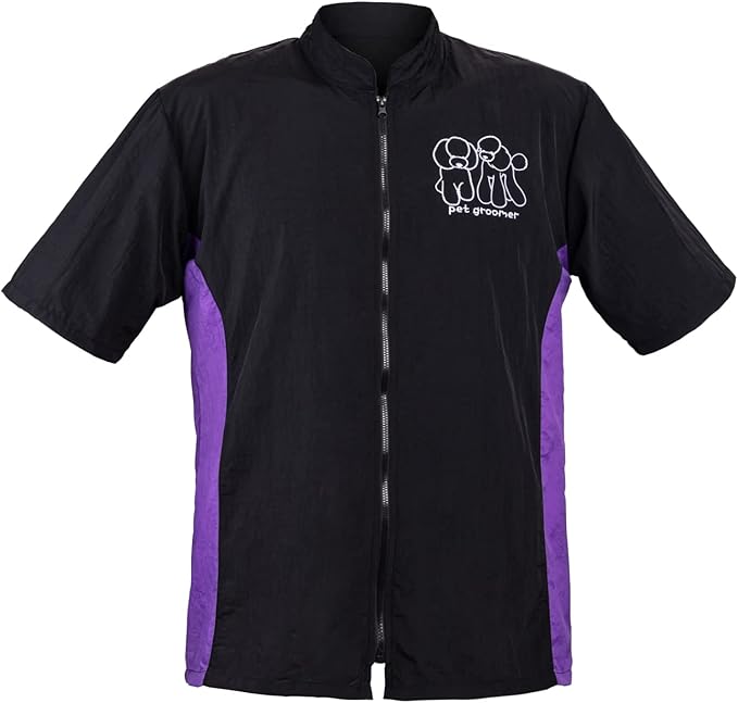 Noverlife Short Sleeves Pet Grooming Workwear With Full Zipper, XL Size, Anti-Static Beautician Smock, Lightweight Groomer Cosmetologist Uniforms Style Dog Cat Jacket for Men Women