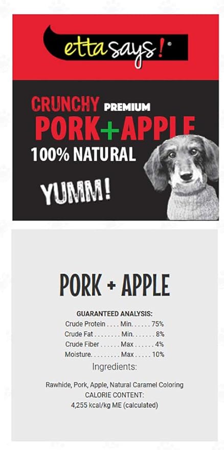 etta says! Premium Crunchy Chew Bars - All Natural - Pork + Apple - Made in The USA (12 Count Pack of 1)