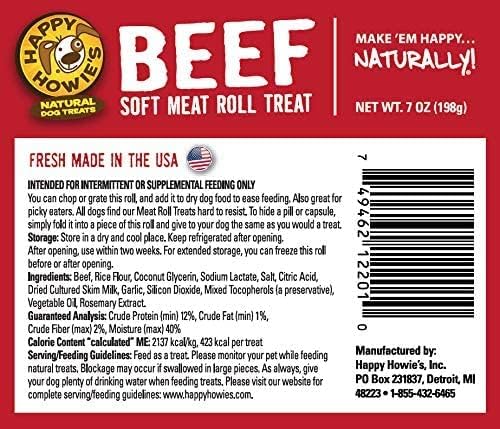 Happy Howie's Soft Meat Roll Treat - Soft Dog Food Beef Rolls, High Protein, Natural Ingredients, for All Dogs, Made in USA - Beef, 12 Oz (Pack of 1)