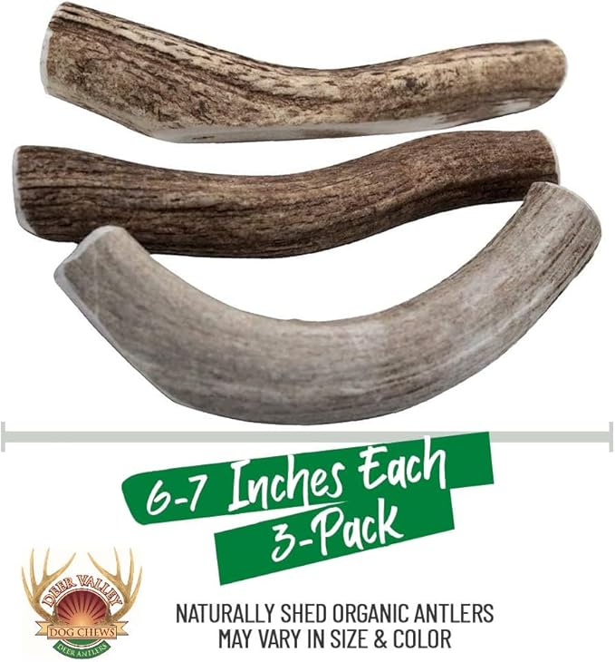 Deer Valley Dog Chews (Large 3 Pack, 6-7 Inches) Premium Deer Antler for Dogs - Ethically-Sourced and Irresistible Dog Chew Toy for Medium to Large Dog Breeds