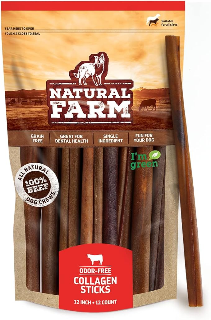 Natural Farm Odor-Free Collagen Dog Chews, (12-Inch, 12-Pack), Long Lasting Bully Sticks & Rawhide Alternative Dog Treats, 95% Collagen, High Protein Best Dental Dog Treats β Medium & Large Dogs