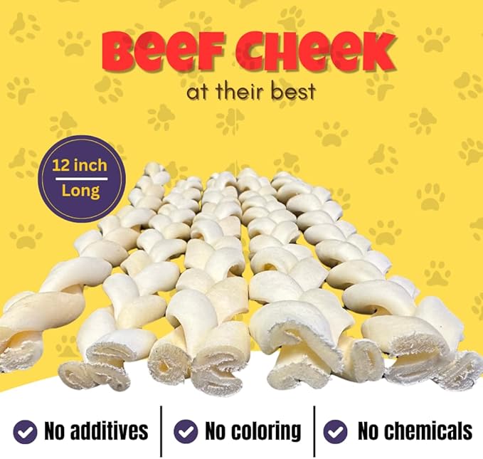 Woofley's 12" Buffalo Beef Cheek Braids - (5 Count)- Beef Cheek Dog Chews - No Hide Bones for Dogs