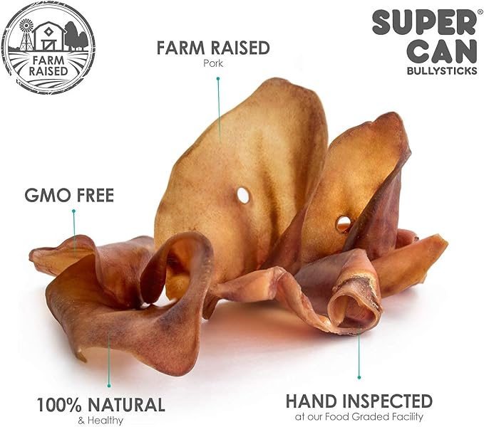 SUPER CAN BULLYSTICKS Natural Whole Pig Ears for Dogs (100 Count) - 100% Natural Pork Ear for Dogs - Easily Digestible Natural Dog Chews for Medium-Large Dogs