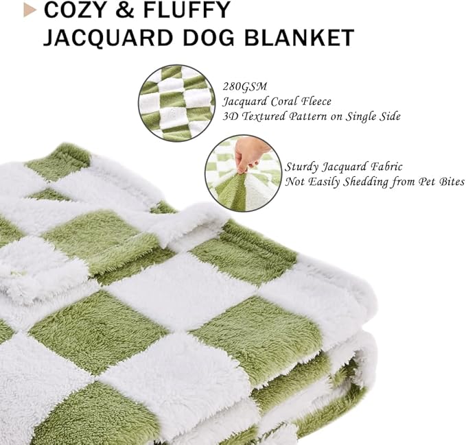 Qeils Jacquard Dog Blankets for Large Dogs, Cozy Calming Cat Blankets Washable, 280GSM Coral Fleece Plush Fluffy Throw Blanket, Sage Green Checkered, 30x40IN
