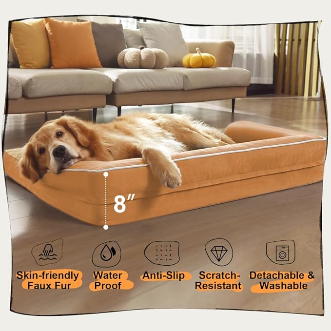 Large Dog Bed Orthopedic Washable, Orthopedic Dog Beds for Large Dogs with Washable Cover, Removable Bolster and Non-Slip Bottom Orange Large Dog Beds Orthopedic, XXXLarge Extra Large Dogs