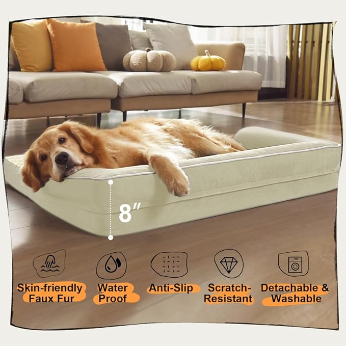 Large Dog Bed Orthopedic Washable - Beds Bolster Pet - XXXL Large Big Dogs - Memory Foam - Couch Sofa Bed- Waterproof with Removable Cover - Beige Dog Bed