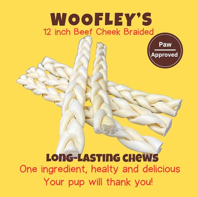 Woofley's 12" Buffalo Beef Cheek Braids - (5 Count)- Beef Cheek Dog Chews - No Hide Bones for Dogs