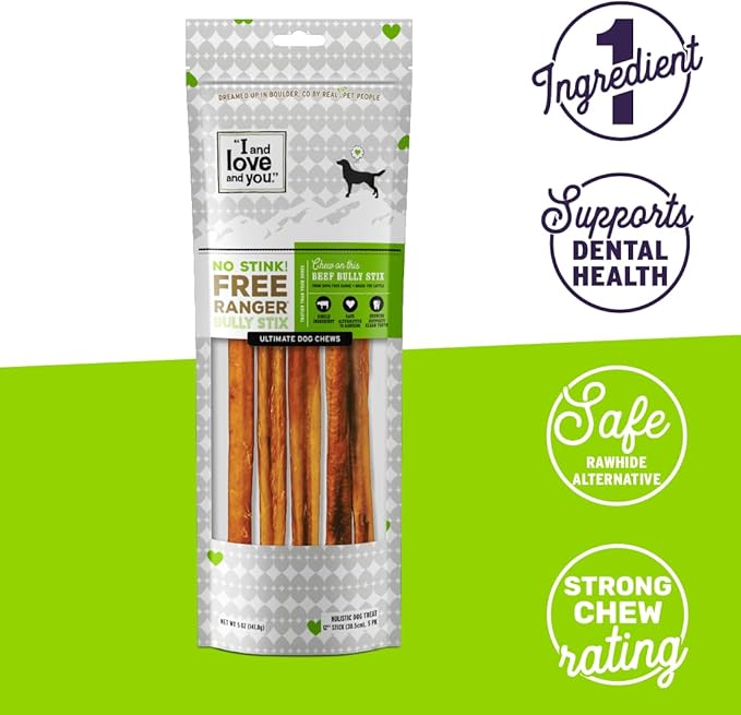 I and love and you No Stink Free Ranger Bully Stix - Beef - Rawhide Alternative, Single Ingredient, Free Range Grass Fed Beef, 12in, 5ct