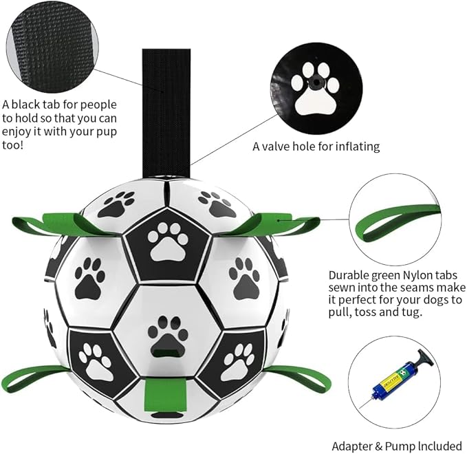 QDAN Dog Soccer Balls Toy with Bell Inside, Outdoor Interactive Dog Toys for Tug of War, Puppy Birthday Gifts, Dog Water Toy, Durable Ropes Squeaky Soccer Dog Ball for Medium and Large Dogs (8 INCH)