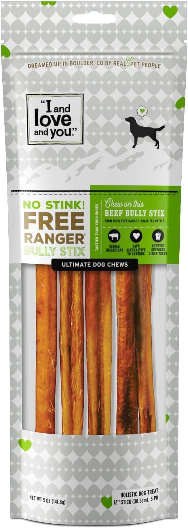 I and love and you No Stink Free Ranger Bully Stix - Beef - Rawhide Alternative, Single Ingredient, Free Range Grass Fed Beef, 12in, 5ct