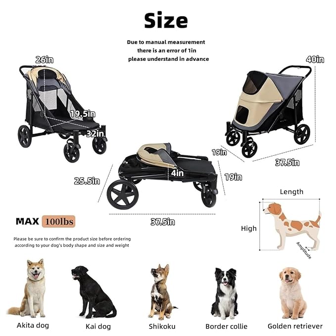 Dog Stroller for Medium/Large Dogs One-Click Folding Totoro ball 4 Wheel Pet Stroller Foldable Dog Stroller for 2 Dogs Jogger Stroller with Storage Pocket Suitable for Pets Up to 110LBS (Beige&Grey)