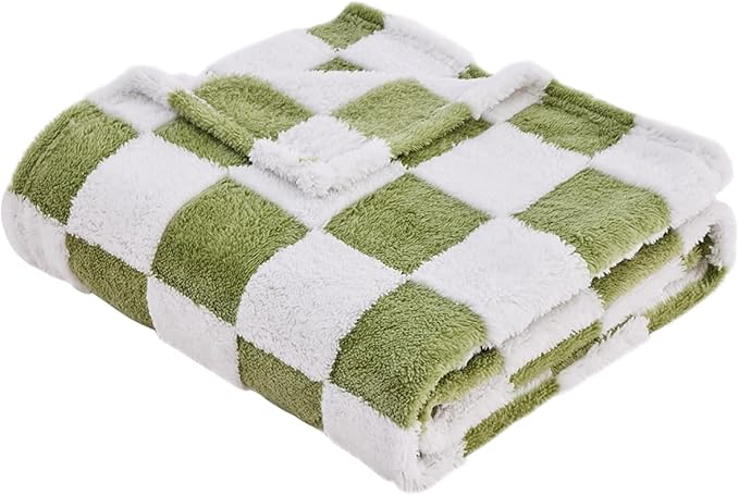 Qeils Jacquard Dog Blankets for Large Dogs, Cozy Calming Cat Blankets Washable, 280GSM Coral Fleece Plush Fluffy Throw Blanket, Sage Green Checkered, 30x40IN