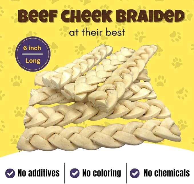 Woofley's 6" Buffalo Beef Cheek Braids Regular - (20 Count)- Beef Cheek Dog Chews - No Hide Bones for Dogs