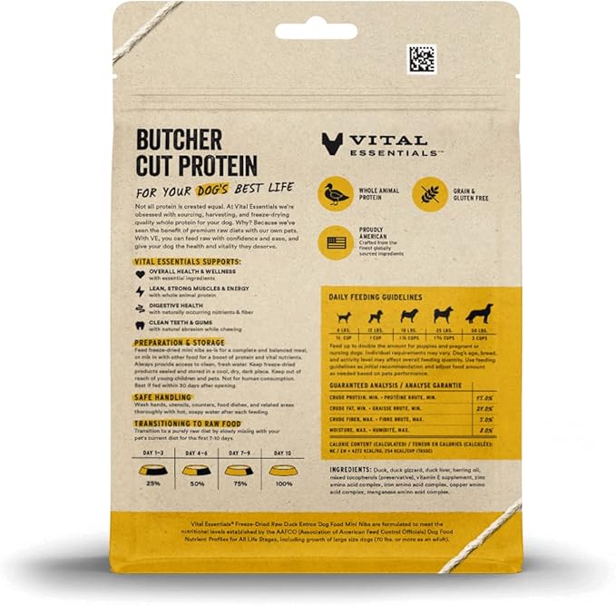 Vital Essentials Freeze Dried Raw Dog Food, Duck Mini Nibs Entree, 5.5 oz