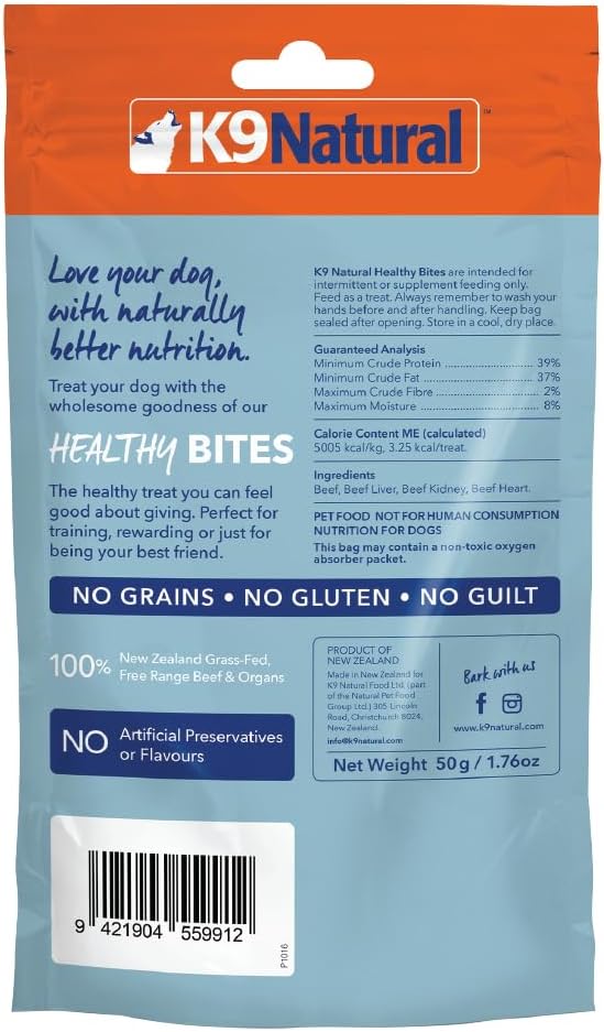 K9 Natural - Grain Free Freeze Dried Dog Treats - Beef Bites 1.76oz