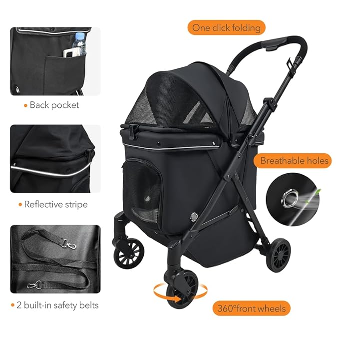 Pet Stroller for Small Dogs – No-Zip Deep Seat, Lightweight Dog Stroller for Small & Medium Dogs with Reflective Trim Storage Basket & Soft Waterproof Pad,Foldable Universal Coche para Perro