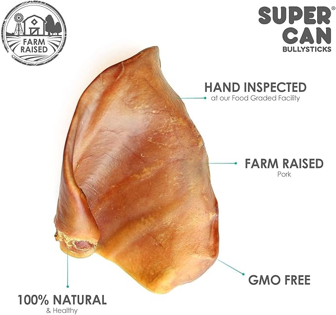 SUPER CAN BULLYSTICKS Half Pig Ears for Dogs (100 Count) - All Natural Healthy Digestible Dog Chews - Long-Lasting Pig Ears Treats for Small, Medium, & Large Dogs