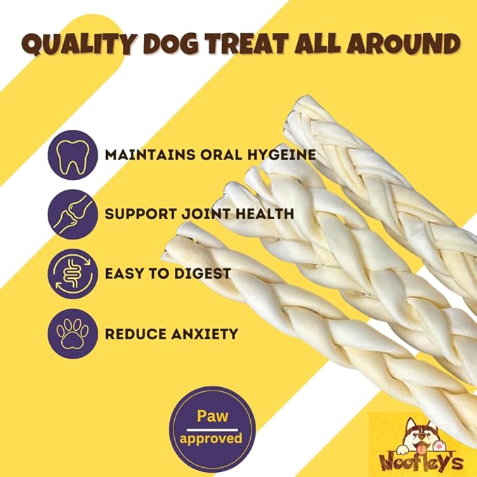 Woofley's 12" Buffalo Beef Cheek Braids - (5 Count)- Beef Cheek Dog Chews - No Hide Bones for Dogs