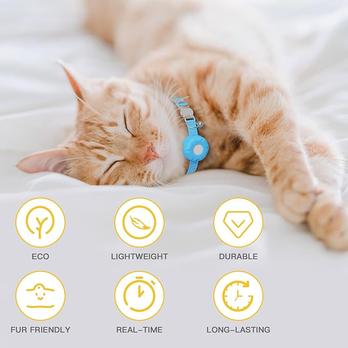 Cat Tracker Collar,No Monthly Fee Tracking Pet Collar with Finder Tag,Compatible with Apple Find My(iOS Only),Breakaway Tractive Design with Reflective Pattern & Bell,Blue