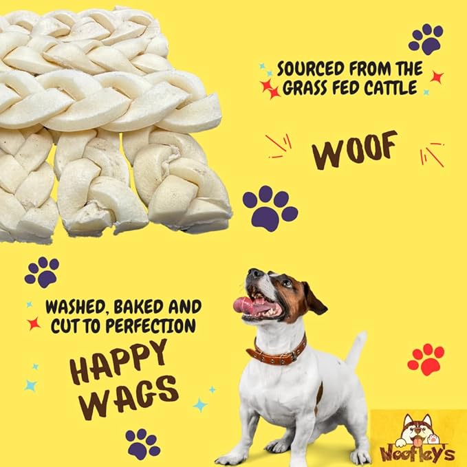 Woofley's 6" Buffalo Beef Cheek Braids Regular - (20 Count)- Beef Cheek Dog Chews - No Hide Bones for Dogs
