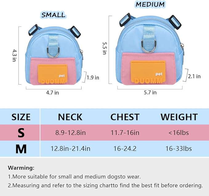Dog Backpack Harness with Leash,Cute Pet Puppy Backpacks Bulid-in Dog Poop Bag Dispenser,Adjustable Pets Self Carrier Bag for Small Medium Dogs Travel Hiking Daily Walking (M, Blue)