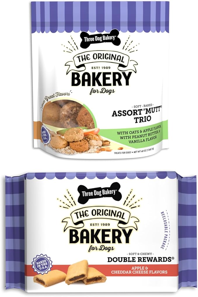 Three Dog Bakery Assort Mutt Trio Soft Baked Cookies for Dogs, Three Flavor Pack, 3 Pounds, and Double Rewards Soft and Chewy Treats, 10 Ounce Pack (114063)