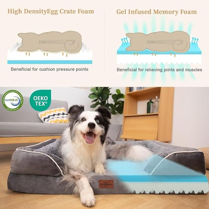 Cooling Dog Bed, Orthopedic Memory Foam Dog Bed for Giant Dogs, XXL Dog Bed for Extra Large Dogs, Waterproof Dog Bed with Bolster & Removable Cover(XX-Large,Silver Grey)