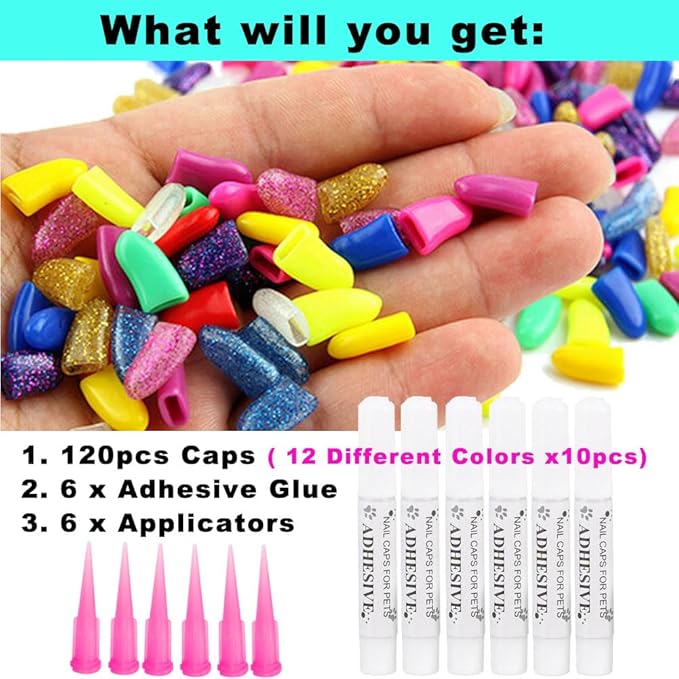 VICTHY 120pcs (12 Colors) Dog Nail Caps | Dog Claw Covers Dog Nail Covers with Adhesives Glue and Applicators(S)
