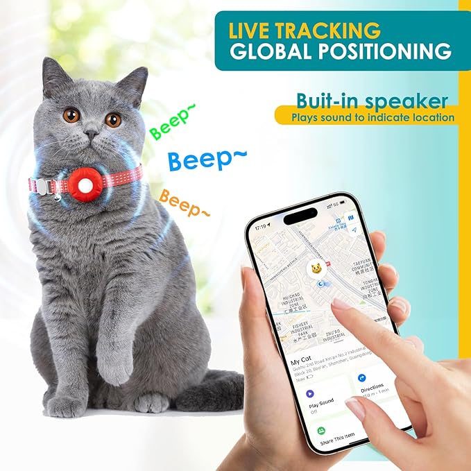 Cat Tracker, Pet Tracker for Cats, Cat Tracker Collar with Safety Elastic Buckle, Works with Any Collar,Compatible with Apple Find My App (Only iOS), No Monthly Fee Pet Tracker, Red