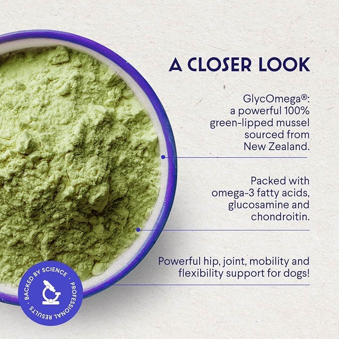 Premium Green Lipped Mussels for Dogs – Pure New Zealand Green Lipped Mussel Powder with Blue Lipped Mussels for Dogs – for Hip and Joint Flexibility, Mobility, Strength, Tendons and Muscles – 2.60oz