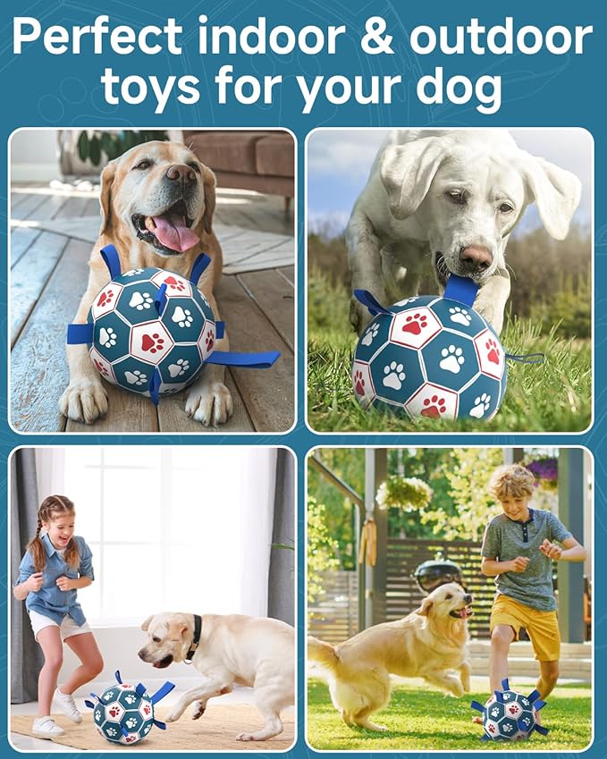 QDAN Dog Toys Soccer Ball with Straps - Durable Dog Balls for Giant Extra Large Dogs, Outdoor Dog Toys, Dog Water Toy, Herding Ball, Dog Birthday Gifts (10 Inch)