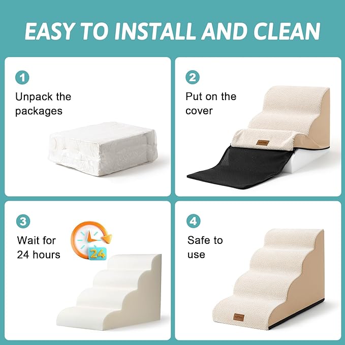 Dog Stairs for Small Dogs, Curved Pet Step with Leakproof Cover, High Density Foam Cat Ramp for Bed or Sofa, Lightweight, Durable, Comfort, 15.7x22.4x15.7 inch, 3 Tiers, Beige