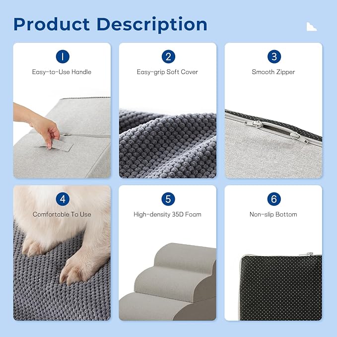 Dog Stairs for Bed - Pet Stairs for Small to Medium Dogs to Get on Bed and Couch, 35D Foam Dog Steps with Non-Slip Bottom Dog Ramp Grey, 4 Steps, 2-in-1 Connected by Zipper