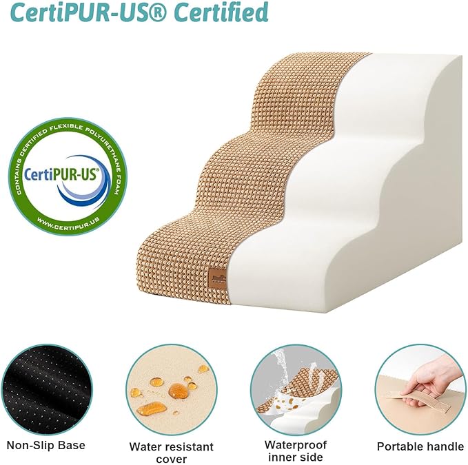 Dog Stairs for Small Dogs, Curved Pet Step with Leakproof Cover, High Density Foam Cat Ramp for Bed or Sofa, Lightweight, Durable, Comfort, 15.7x22.4x15.7 inch, 3 Tiers, Light Brown