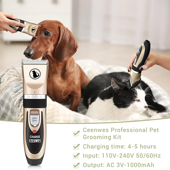 Ceenwes Dog Clippers Low Noise Pet Clippers Rechargeable Trimmer Cordless Grooming Tool Professional Dog Hair Trimmer with Comb Guides Scissors for Dogs Cats & Others(Gold)