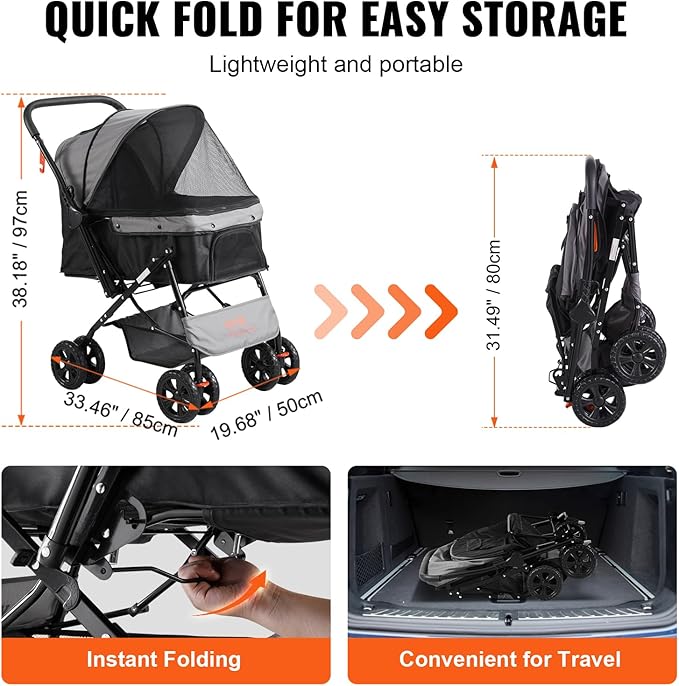 VEVOR Dog Cat Stroller for Medium Small Dogs Cats Up to 44lbs, 4 Wheel Foldable Pet Stroller with Reversible Handle, Portable Lightweigh Puppy Doggy Doggie Jogging Stroller with Storage Basket