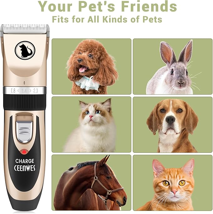 Ceenwes Dog Clippers Low Noise Pet Clippers Rechargeable Trimmer Cordless Grooming Tool Professional Dog Hair Trimmer with Comb Guides Scissors for Dogs Cats & Others(Gold)