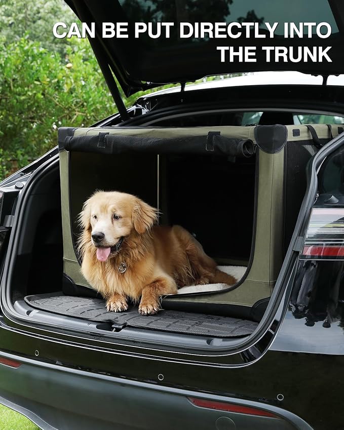 24 Inch Collapsible Travel Dog Crate for Medium Large Dogs, Portable Dog Crate 4-Door Foldable Soft Kennel with Chew-Proof Mesh Windows for Indoor & Outdoor Travel,with Storage Bag,Green
