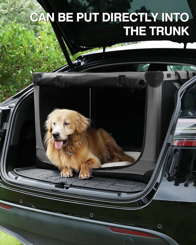 24 Inch Collapsible Travel Dog Crate for Medium Large Dogs, Portable Dog Crate 4-Door Foldable Soft Kennel with Chew-Proof Mesh Windows for Indoor & Outdoor Travel,with Storage Bag,Grey