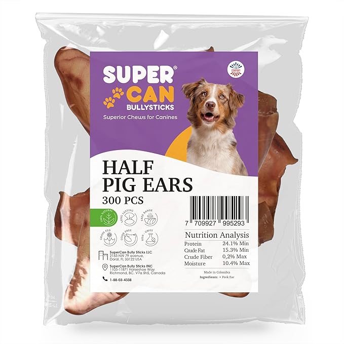 SUPER CAN BULLYSTICKS All Natural Half Pig Ears Dog Treats (30 Count) - Healthy Chews for Large, Medium & Small Dogs