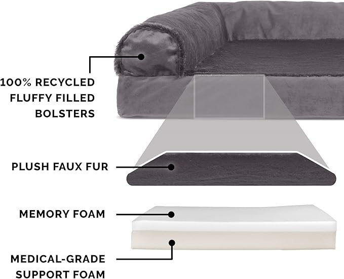 Furhaven Memory Foam Dog Bed for Large Dogs w/ Removable Bolsters & Washable Cover, For Dogs Up to 125 lbs - Plush & Velvet L Shaped Chaise - Platinum Gray, Jumbo Plus/XXL