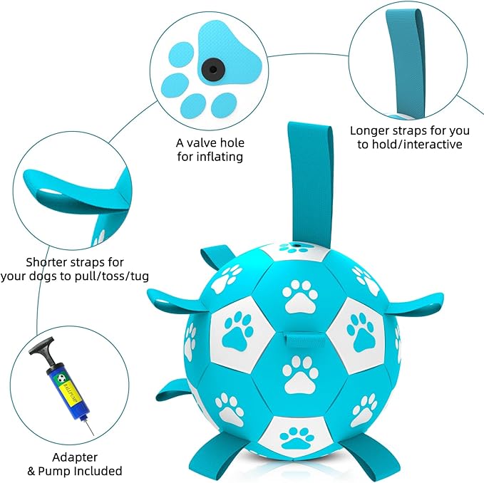 QDAN Dog Toys Soccer Ball with Straps - Durable Dog Balls for Large Dogs, Beach Pool Dog Water Toy, Dog Tug Toys for Tug of War, Puppy Dog Birthday Gifts (8 Inch)