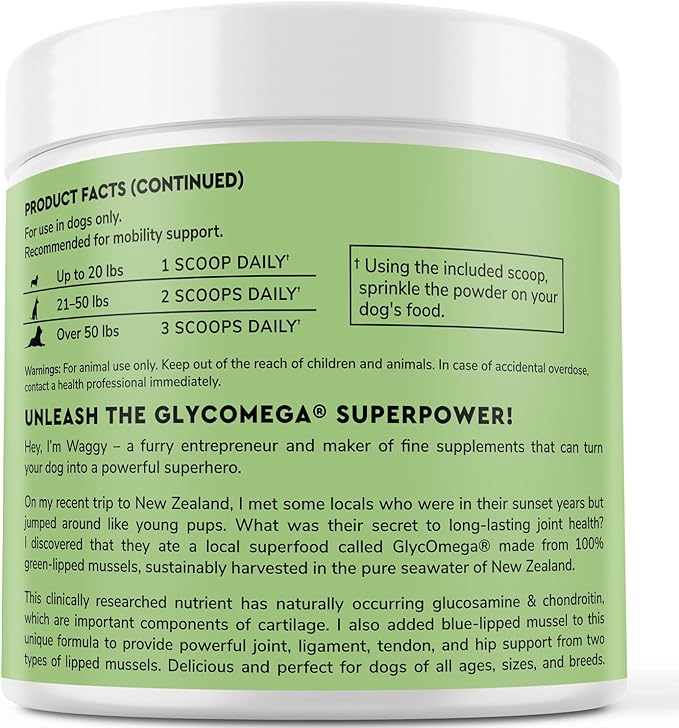 Premium Green Lipped Mussels for Dogs – Pure New Zealand Green Lipped Mussel Powder with Blue Lipped Mussels for Dogs – for Hip and Joint Flexibility, Mobility, Strength, Tendons and Muscles – 2.60oz