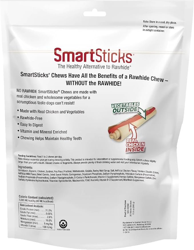 SmartBones SmartSticks, Treat Your Dog to a Rawhide-Free Chew Made With Real Meat and Vegetables, 25 Count (Pack of 1)