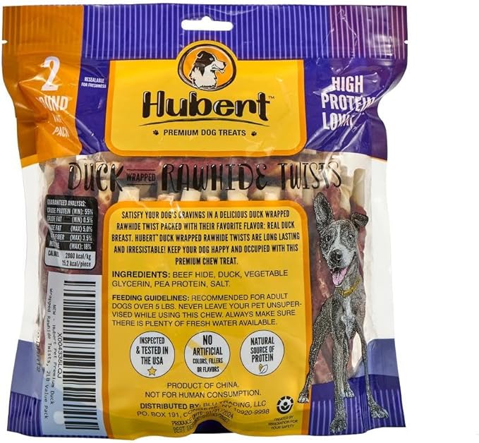 Hubert Pet Gourmet Duck Wrapped Rawhide Twists - Natural Dog Treats, Perfect for Treats & Training, Small & Large Dogs - 2 lb Resealable Value Pack
