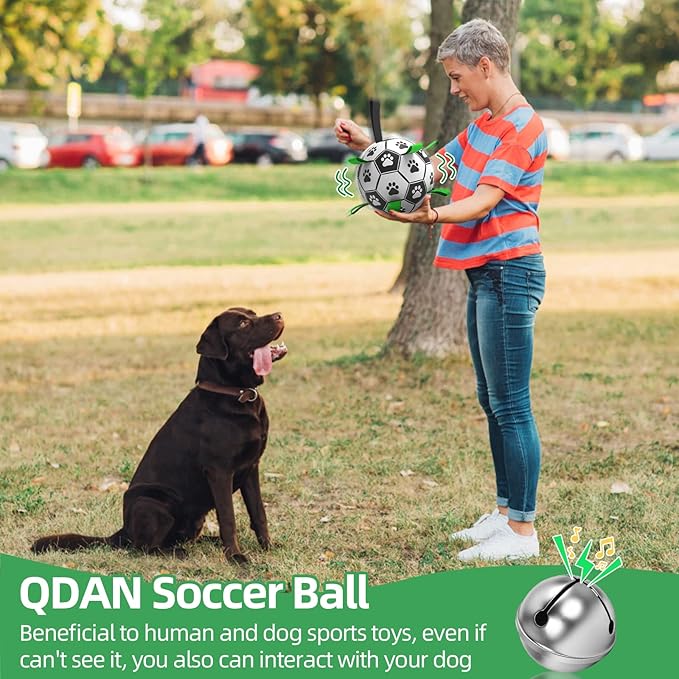 QDAN Dog Soccer Balls Toy with Bell Inside, Outdoor Interactive Dog Toys for Tug of War, Puppy Birthday Gifts, Dog Water Toy, Durable Ropes Squeaky Soccer Dog Ball for Medium and Large Dogs (8 INCH)