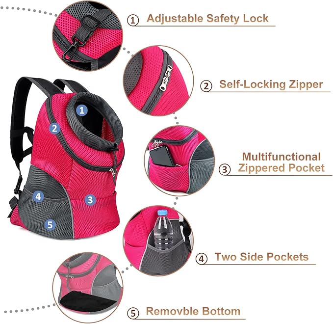 YUDODO Pet Dog Backpack Carrier Small Dog Front Carrier Pack Reflective Head Out Motorcycle Puppy Carrying Bag Backpack for Small Medium Dogs Cats Rabbits Outdoor Travel Hiking Cycling (L, Pink)